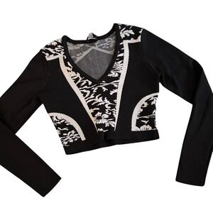 Bebe Womens Long Sleeve V-Neck Cropped Sweater Black White Floral S0F382039500